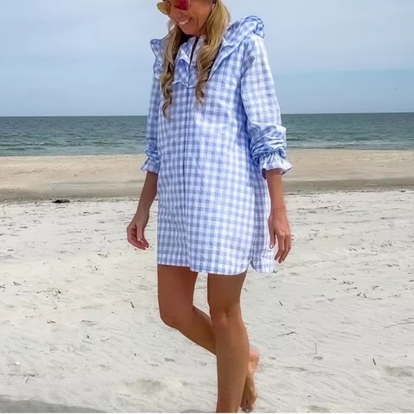 Hill House The Colette Dress in Blue Jacquard Check Ruffle Sz XS - Picture 2 of 15